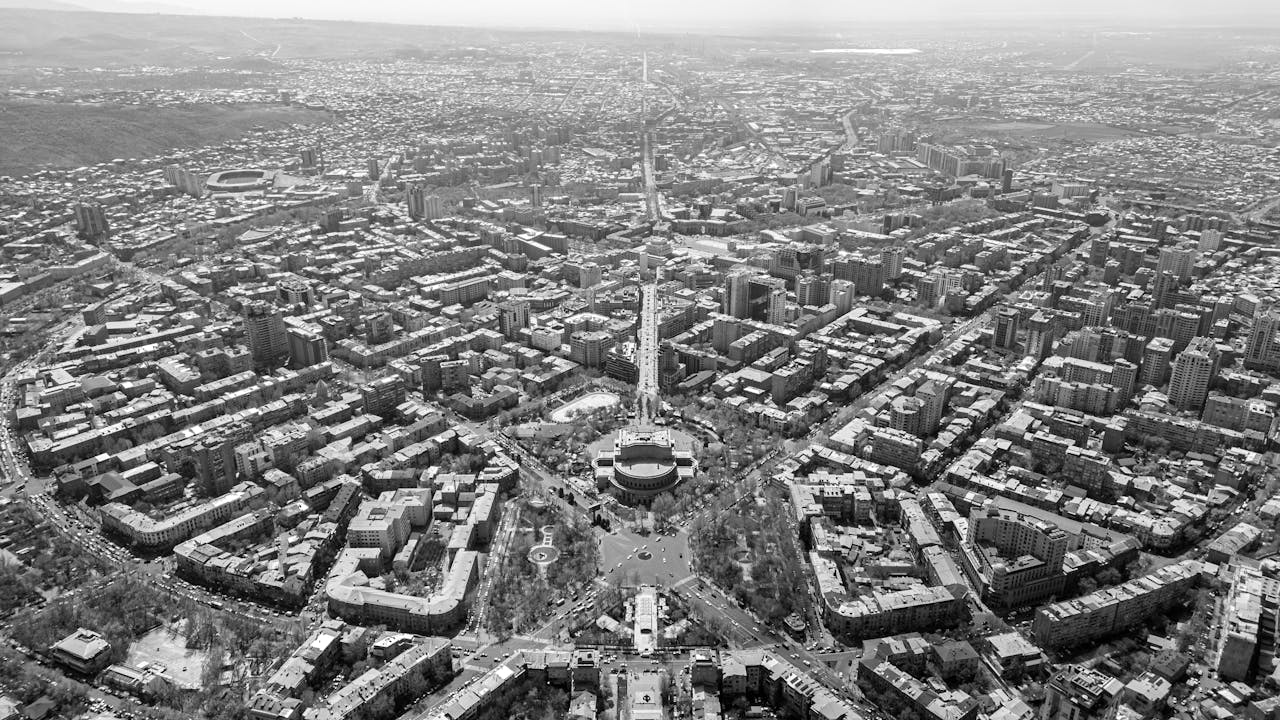 Stunning black and white aerial view of Yerevan, Armenia, showcasing the city's layout and architecture.